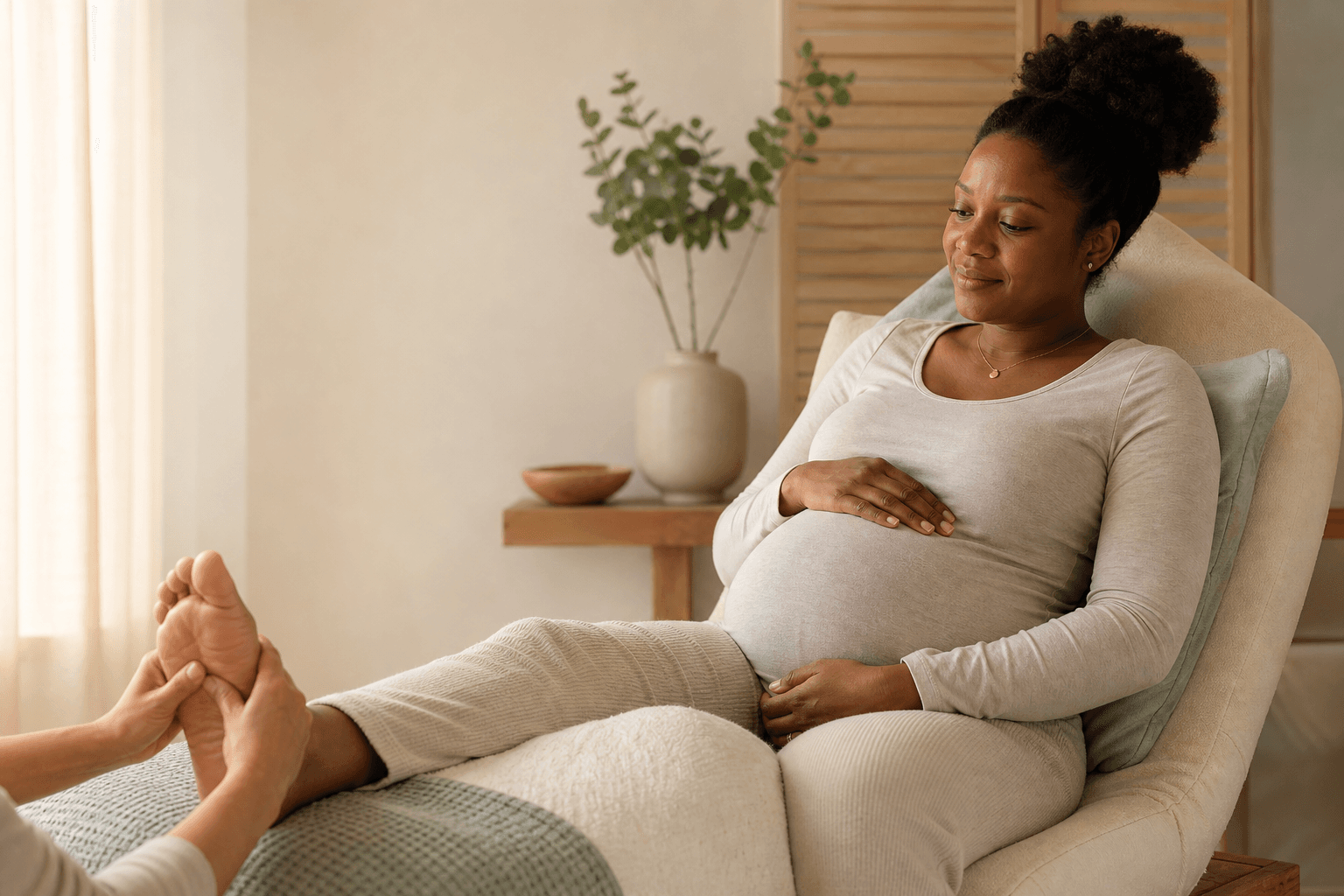 Expectant mother relaxing during a gentle foot reflexology wellness session